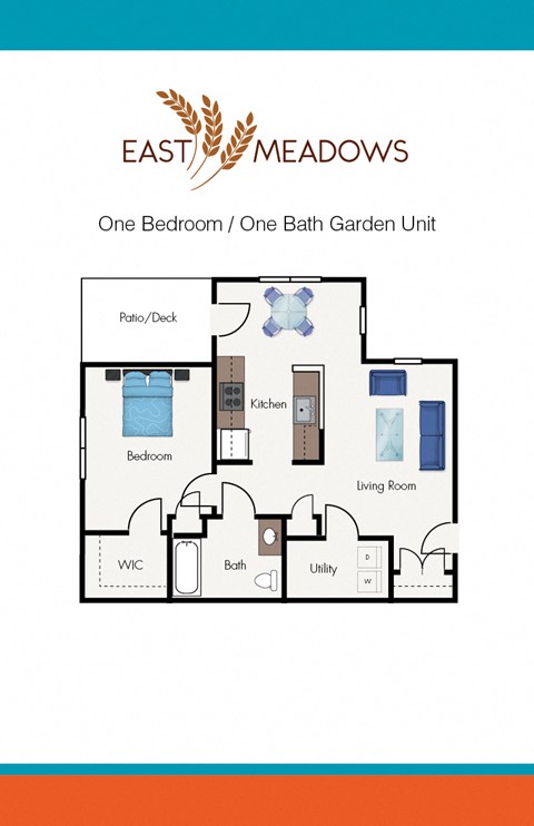 Floor plan for 1 bed, 1 bath, 732 sqft